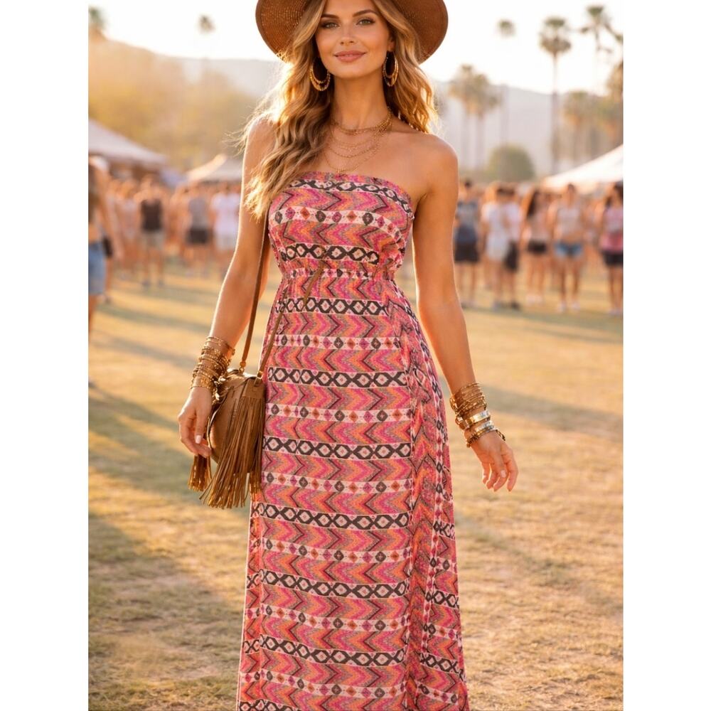 Batik Strapless Maxi Dress Tropical Print‎ Orange Pink Black Size M